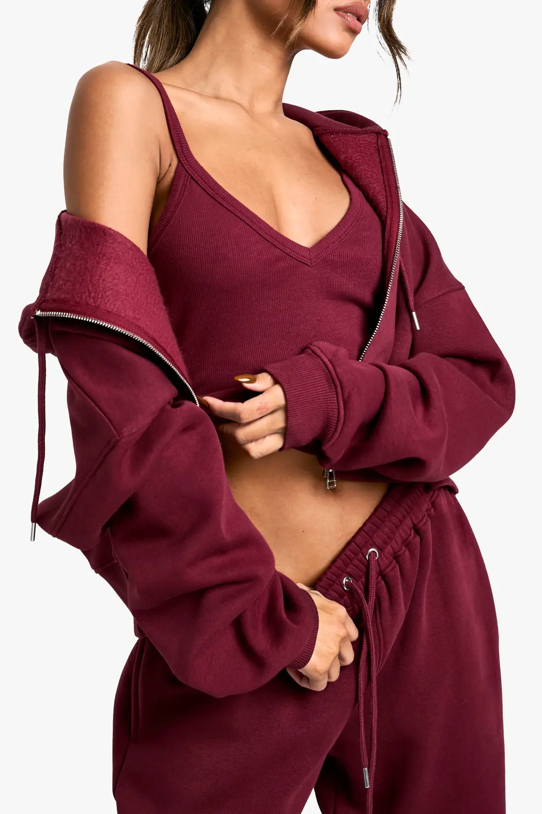 Ribbed V Neck Top 3 Piece Hood...